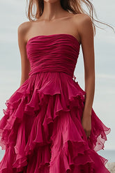 Fuchsia Trägerloses Langes Ballkleid mit Rüschen und Schlitz